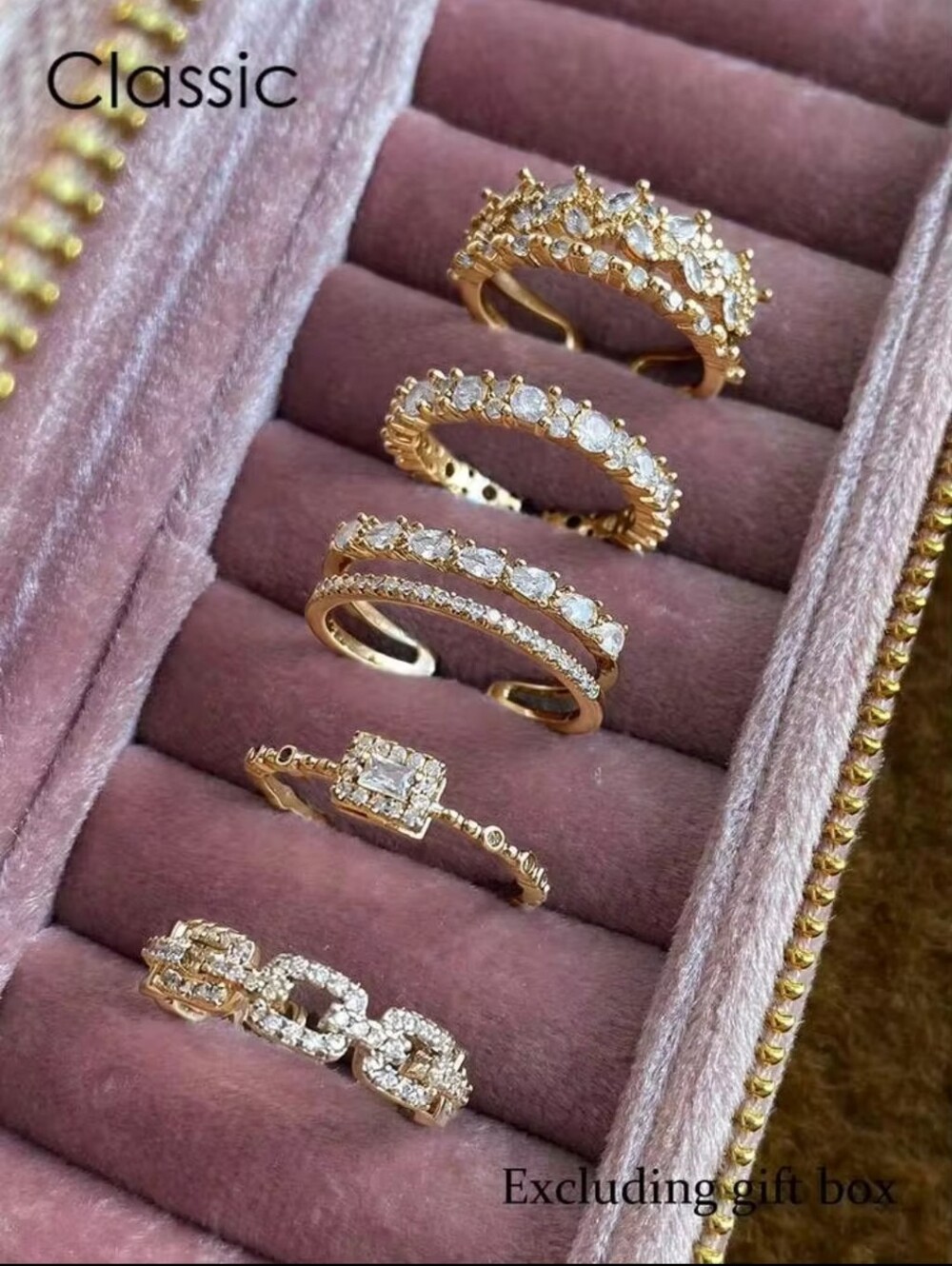 Classic Gold Tone Crystal Stackable 5 Piece Ring Set